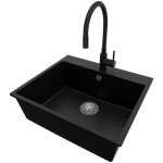 Evier cuisine en granit 58x50cm lavabo 1 bac + kit de vidage + robinet 5170 riga de primagran noir