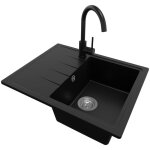 Evier cuisine en granit 62x50cm lavabo 1 bac + kit de vidage + robinet 5010 milan de primagran noir