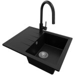 Evier cuisine en granit 62x50cm lavabo 1 bac + kit de vidage + robinet 9010 milan de primagran noir