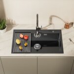 Évier cuisine en inox 75x45x19cm Évier 1 bac avec Égouttoir pliable et système de drainage gris - noir ... Évier cuisine en inox 75x45x19cm Évier 1 bac avec Égouttoir pliable et système de drainage gris - noir ...