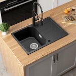 Évier de cuisine noir 65x45cm - Évier 1 bac en granit avec égouttoir - pour armoire de 40 cm et plus Évier de cuisine noir 65x45cm - Évier 1 bac en granit avec égouttoir - pour armoire de 40 cm et plus