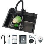 Evier cuisine noir en acier inoxydable �vier 1 bac avec robinet extensible distributeur de savon lave ...