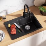�vier de cuisine - sofetiy max - 65x45cm - 1 bac - noir en granit - �gouttoir � gauche - syst�me de drainage ...