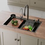�vier de cuisine - sirhona - evier inox noir multifonctionnel cascade avec robinet de poisson volant ...