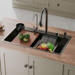 �vier de cuisine - sirhona - evier inox noir graphite multifonctionnel avec robinet de poisson volant ...