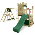Fatmoose aire de jeux portique bois boldbaron avec balanoire surfswing et toboggan vert maison enfant ...