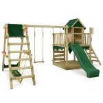 Fatmoose aire de jeux portique bois jazzyjungle avec balan�oire surfswing et toboggan vert maison enfant ...