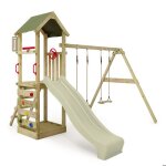 Fatmoose aire de jeux portique bois kiwikey avec balanoire et toboggan vert sauge maison enfant extrieure ...