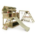 Fatmoose aire de jeux portique bois tikataka avec surfswing et balanoire et toboggan vert sauge