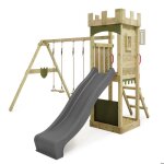 Fatmoose aire de jeux portique bois treasuretower avec balanoire et toboggan anthracite maison enfant ...