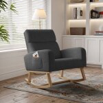 Fauteuil à bascule - nmonet - rocking chair - bois massif - tissu sherpa - gris foncé Fauteuil à bascule - nmonet - rocking chair - bois massif - tissu sherpa - gris foncé