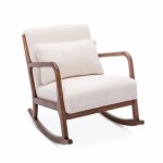 Fauteuil  bascule design en bois et tissu. bouclettes blanches. structure hva teint noyer clair
