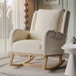Fauteuil � bascule - nmonet - beige - bois massif - tissu lin - coton - design moderne