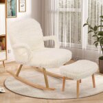 Fauteuil  bascule avec repose - pieds rocking chair en bois massif chaise en cachemire blanc pour salon ...