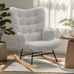 Fauteuil  bascule - rocking chair - dossier haut et assise - tissu gris - pieds en bois + metal - style ...