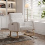 Fauteuil � bascule - rocking chair - blanc - tissu en sherpa - pieds en bois massif - style scandinave ...