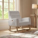 Fauteuil � bascule - rwudv - rocking chair - pieds en bois massif - tissu peluche - blanc