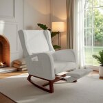 Fauteuil  bascule rocking chair de relaxation design 4 en 1 ergonomique velours gris & bois rouge salon ...