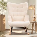Fauteuil � bascule - rocking chair - tissu beige - pieds en bois massif - style scandinave - 75x68x92 ...