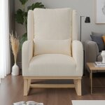 Fauteuil � bascule rocking chair en tissu lin - beige - style scandinave moderne - pieds en bois massif ...