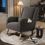 Fauteuil � bascule rocking chair en tissu velours teddy - gris - style scandinave moderne - pieds en ...