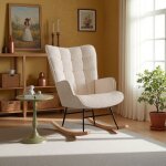 Fauteuil � bascule - tissu mouton teddy - dossier haut - accoudoirs larges - beige