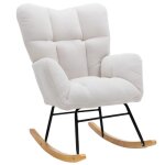 Fauteuil � bascule en tissu teddy blanc - scandinave - dossier haut - pour salon chambre ou b�b�