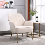 Fauteuil de bureau avec 4 pieds en métal doré texture rayée tissu en velours cadre en bois massif beige ... Fauteuil de bureau avec 4 pieds en métal doré texture rayée tissu en velours cadre en bois massif beige ...