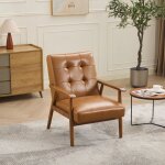 Fauteuil capitonn� scandinave - en cuir v�ritable - fait � la main - bois massif - �l�gant et luxueux ...