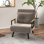 Fauteuil convertible 3 en 1 lit 1 place dossier 5 positions accoudoirs en bois et coussin tissu effet ...