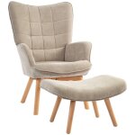 Fauteuil inclinable kaki velours c�tel� � oreilles avec repose - pieds et structure bois - chaise longue ...