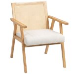 Fauteuil de salon en bois - homcom - dossier cannage en rotin et coussin rembourr� et accoudoirs - bois ...