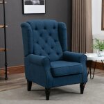 Fauteuil salon capitonné bleu à dossier haut et oreilles accoudoirs arrondis pieds bois pour chambre ... Fauteuil salon capitonné bleu à dossier haut et oreilles accoudoirs arrondis pieds bois pour chambre ...