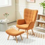 Fauteuil salon marron velours c�tel� capitonn� avec tabouret - dossier haut et pieds en bois - style ...