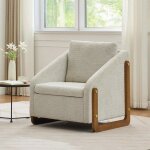 Fauteuil de salon - langtu - moderne - tissu chenille - accoudoirs bois - beige 1 place