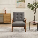 Fauteuil de salon vintage en simili cuir gris - style r�tro scandinave - structure et accoudoirs en bois ...