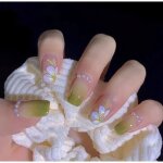 Faux ongles - carrs courts - vert - motif camlia - 24 pcs - avec colle - pour femme et ado
