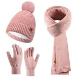 Femmes hiver chaud bonnet pompon longue echarpe gants ensemble tricot doublure polaire thermique rose ...