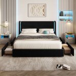 Feuille paissie sommier moderne de 140 x 200 cm avec clairage led dans la tte de lit 4 tiroirs de ...
