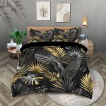 Feuilles palmiers tropicales noir gris or parure de lit 3 pieces 1 housse de couette 200x200cm et 2 taies ...