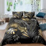 Feuilles palmiers tropicales noir gris or parure de lit 3 pieces 1 housse de couette 240x260 cm et 2 ...