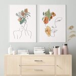 Figure f�minine fleur murale femme visage ligne toile tableau peinture minimaliste affiches tableaux ...