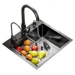 Flasidu evier cuisine inox noir 50x45x20cm - evier de cuisine multifonction grand bac avec robinet panier ...