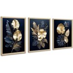 Fleurs bleu marine or feuilles de coco en bois cadre tableau impression sur toile abstraite d�coration ...