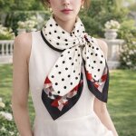 Foulard carr� satin� blanc � pois noirs et bordure ruban