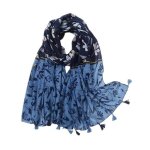 Foulard �tole �charpe toutes saisons 180 x 90 cm lin coton pompons feuillage bleu fo 320 x