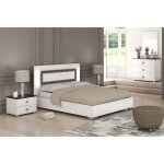 Gaa - chambre lit 140x190 cm + chevets + commode laque blanc avec dcor noir