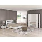 Gaa - chambre lit 160x200 cm + chevets + commode + armoire laque blanc avec dcor noir