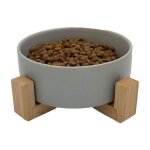 Gamelle c�ramique chien chat 480ml grise avec support bambou antid�rapant - bol eau nourriture compatible ...