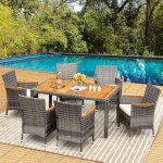 Giantex ensemble salon de jardin en rotin - 6 chaises empilables avec coussin + table  manger en bois ...